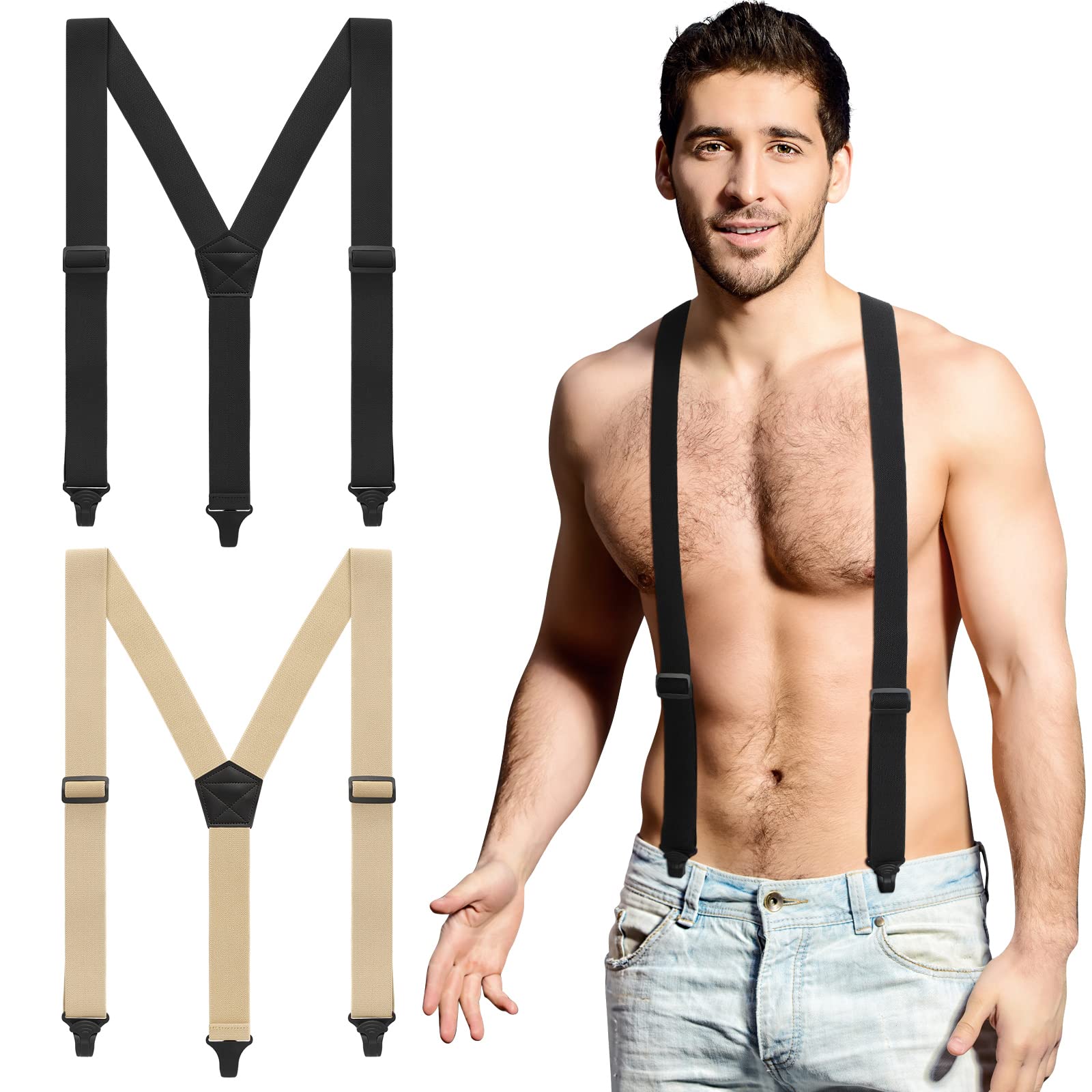 Janmercy 2 Pcs Under Clothing Suspenders for Men Airport Suspenders Plastic Clips Hiking Hidden Suspender for Men (Black, Khaki, Y Shape)