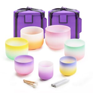 440HZ 6"-12" Set of 7 PCS Frosted Quartz Color Crystal Singing Bowl Set Sound Healing Instrument with Singing Bowl Mallet Suede Strikers Heavy Duty Carrying Cases