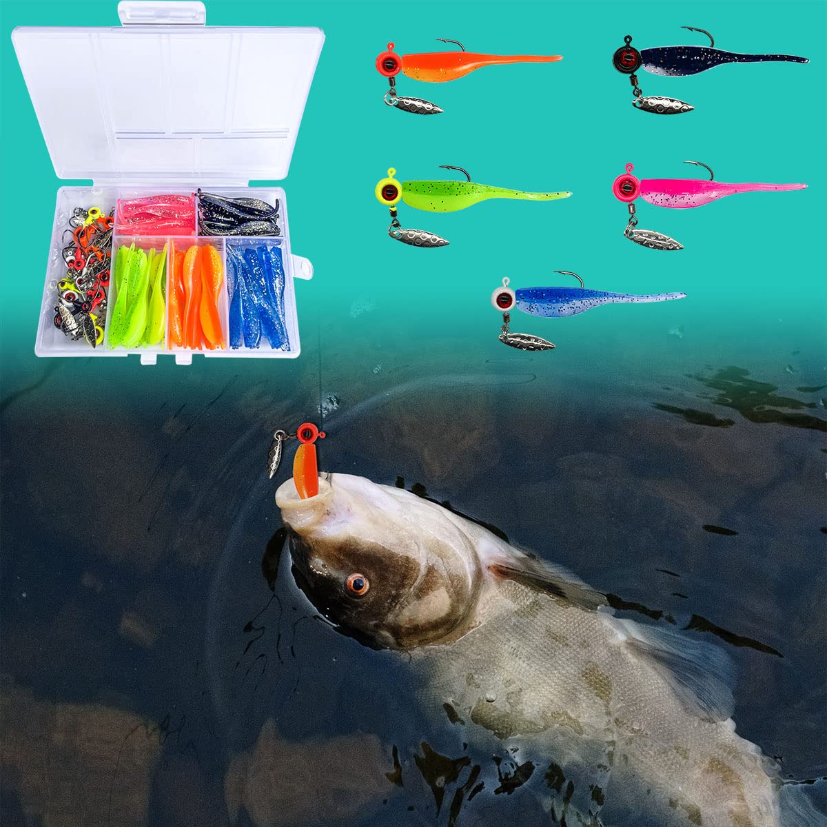 UperUper 65Pcs Crappie Jigs Lure kit, 2 inch Crappie Bait with Fishing Jig Heads Hooks for Saltwater Freshwater Bass Trout