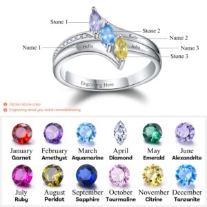 💖Valentine's Gift💖Madeone 925 Sterling Silver Rings 14K Gold Plated Ring Anniversary Promise Engagement Rings Bands Personalized Mother Ring with 3 Marquise Shape Birthstone 3 Names and 1 Engraving Customized Rings (7)