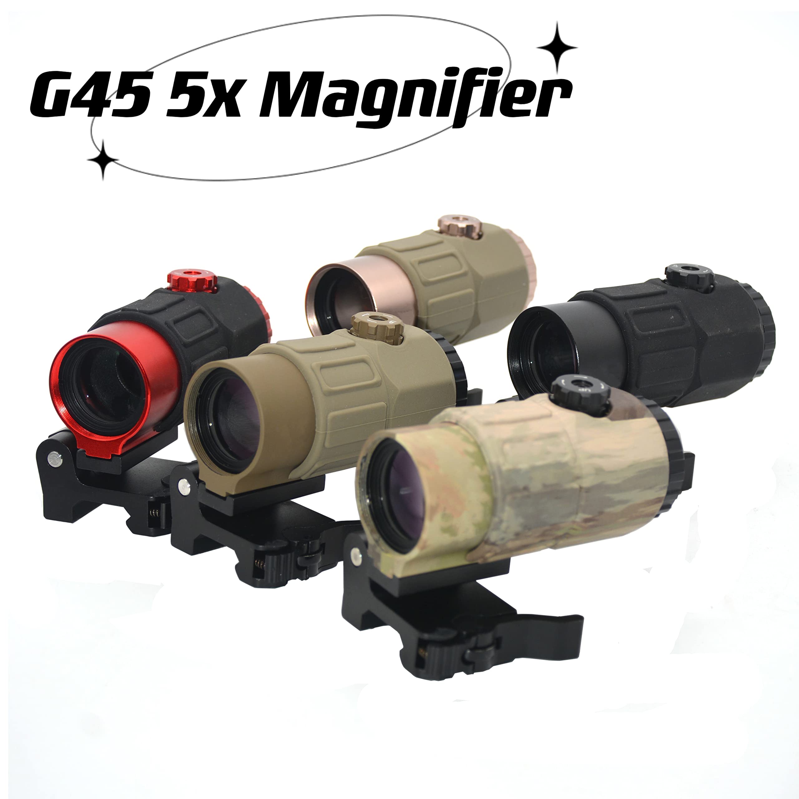 G45 5X Magnifier, Holographic Sight Multiplier Mirror, 5X Mirror Magnifying Glass, Side Foldable Flip Adjustment, with Switch to Side Quick Detachable QD Mount (Tan)