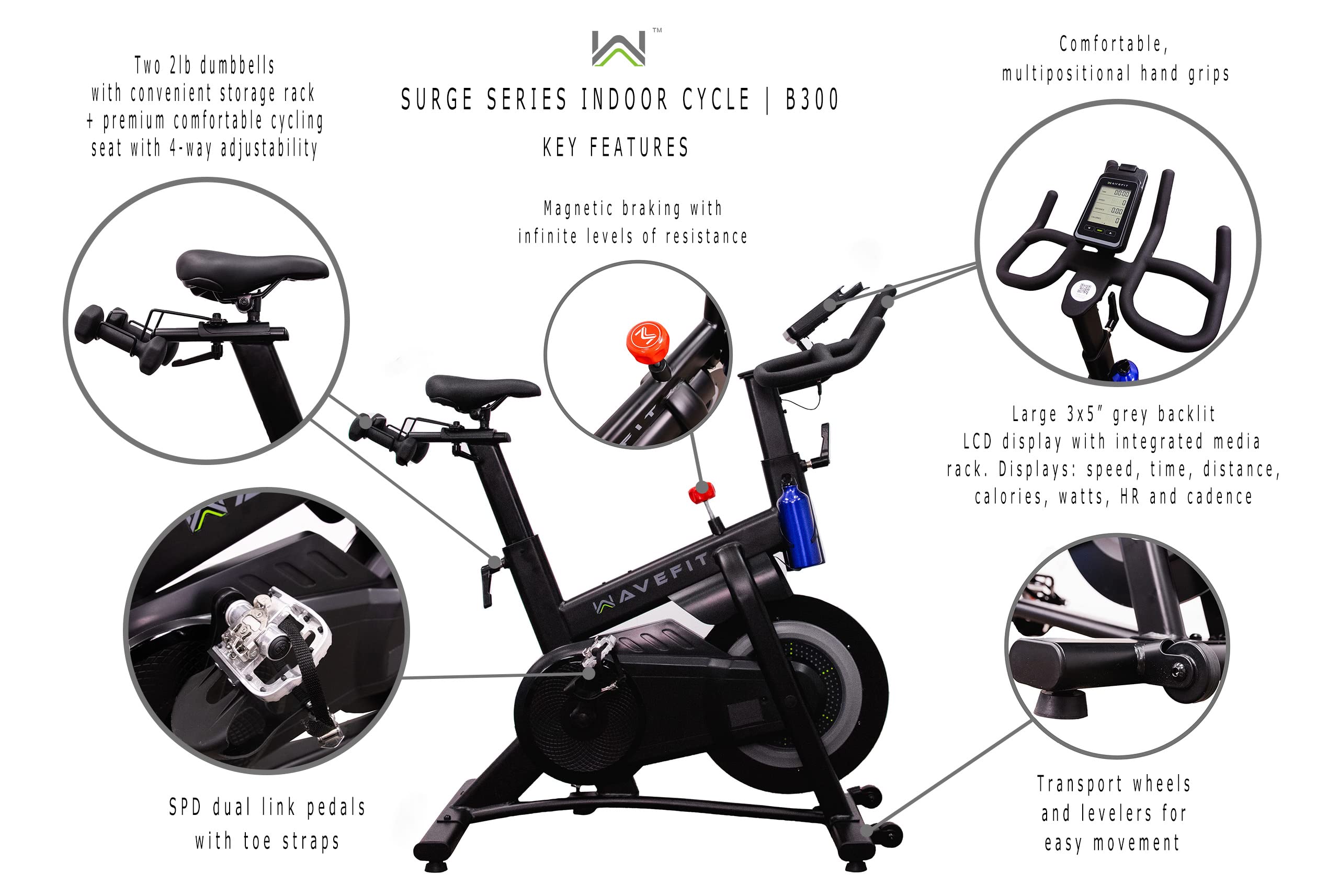 WaveFit B300 Surge Series Indoor Cycle Home Stationary Exercise Bike with 30-Lb Flywheel, Bluetooth Connectivity and Built-in Fitness Metrics Tracking, 275 lb Weight Capacity