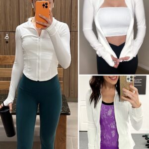 Hvewarm Women's Cropped Athletic Bbl Jacket Seamless High Low Hem Zipper Thumbhole Workout Sportwear(AWhite-M)