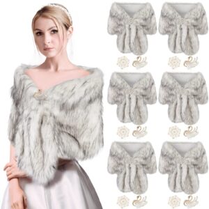 Geyoga 6 Pack Women's Faux Fur Shawl Fur Bridal Bridesmaid Wrap Winter Wedding Scarf Stoles with Pearl Rhinestone Brooch (Gray White)