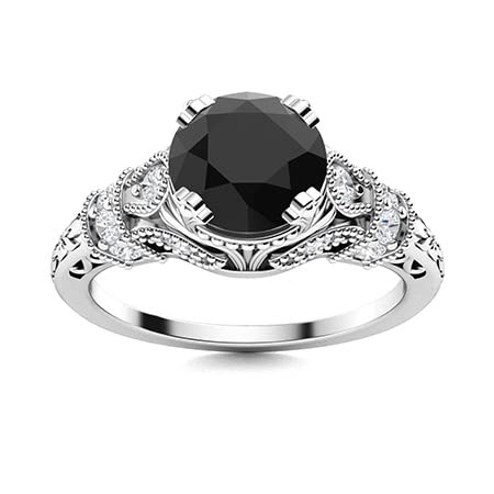 Charming_Creation 2.00 Ct Round Cut Black Diamond Wedding Engagement Vintage Ring 14k White Gold Finish (8.5)