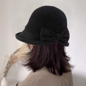 Womens 1920s Vintage Upturn Brim Wool Blend Cloche Church Hat Winter Felt Bucket Bowler Hat Crushable Foldable Black