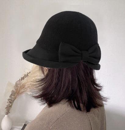 Womens 1920s Vintage Upturn Brim Wool Blend Cloche Church Hat Winter Felt Bucket Bowler Hat Crushable Foldable Black