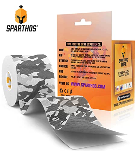 Sparthos Kinesiology Tape - Incredible Support for Athletic Sports and Recovery - Free Kinesio Taping Guide! - Pain Leg Back Shoulder Ankle Knee Tendonitis Injury - Uncut (Black Camo)