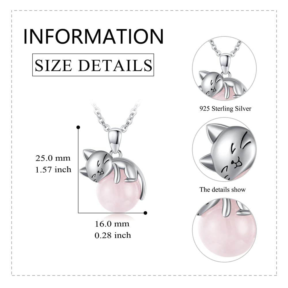 Vadmans Cat Necklace 925 Sterling Silver Rose Quartz Pendant Jewelry for Women Cat Lover Gifts