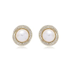 ERLOSYA Big Pearl White Hoop Earrings for Women 14k Gold Sliver Plated Cubic Zirconia Freshwater Cultured Pearls Dangle Drop Studs Earring Jewelry for Woman (Gold)