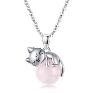 Vadmans Cat Necklace 925 Sterling Silver Rose Quartz Pendant Jewelry for Women Cat Lover Gifts