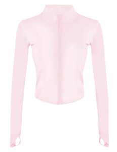 yeokou womens active zip up running workout cropped bbl athletic jacket with thumb holes(pink-xs)