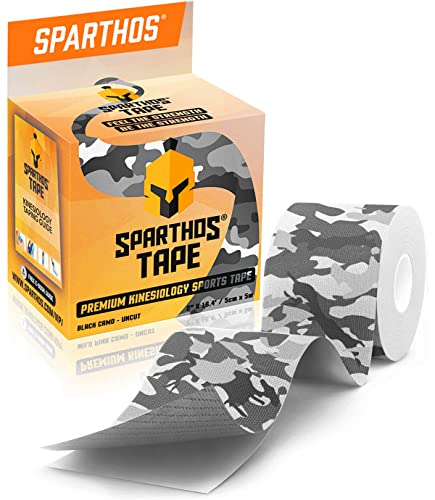 Sparthos Kinesiology Tape - Incredible Support for Athletic Sports and Recovery - Free Kinesio Taping Guide! - Pain Leg Back Shoulder Ankle Knee Tendonitis Injury - Uncut (Black Camo)