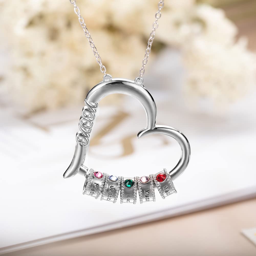 Custom Mom Necklace For Women 925 Sterling Silver/Brass Personalized Engraved Mother Necklace With 1-6 Birthstones and Names Heart Pendant Necklace For Family Gifts For Grandmother Daughter Wife