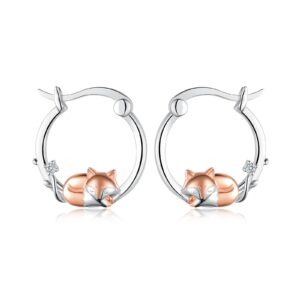 Fox Earrings for Women 925 Sterling Silver Fox Hoop Earrings Cute Animal Fox Jewelry for Women Fox Gifts