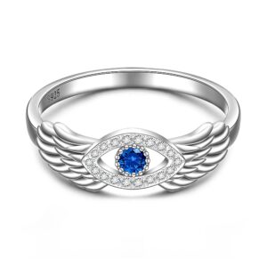 Turkish Evil Eye Ring 925 Sterling Silver Angel Wing Evil Eye Rings for Women Cubic Zirconia Mother Day Protection Jewelry Lucky Gif Size 8