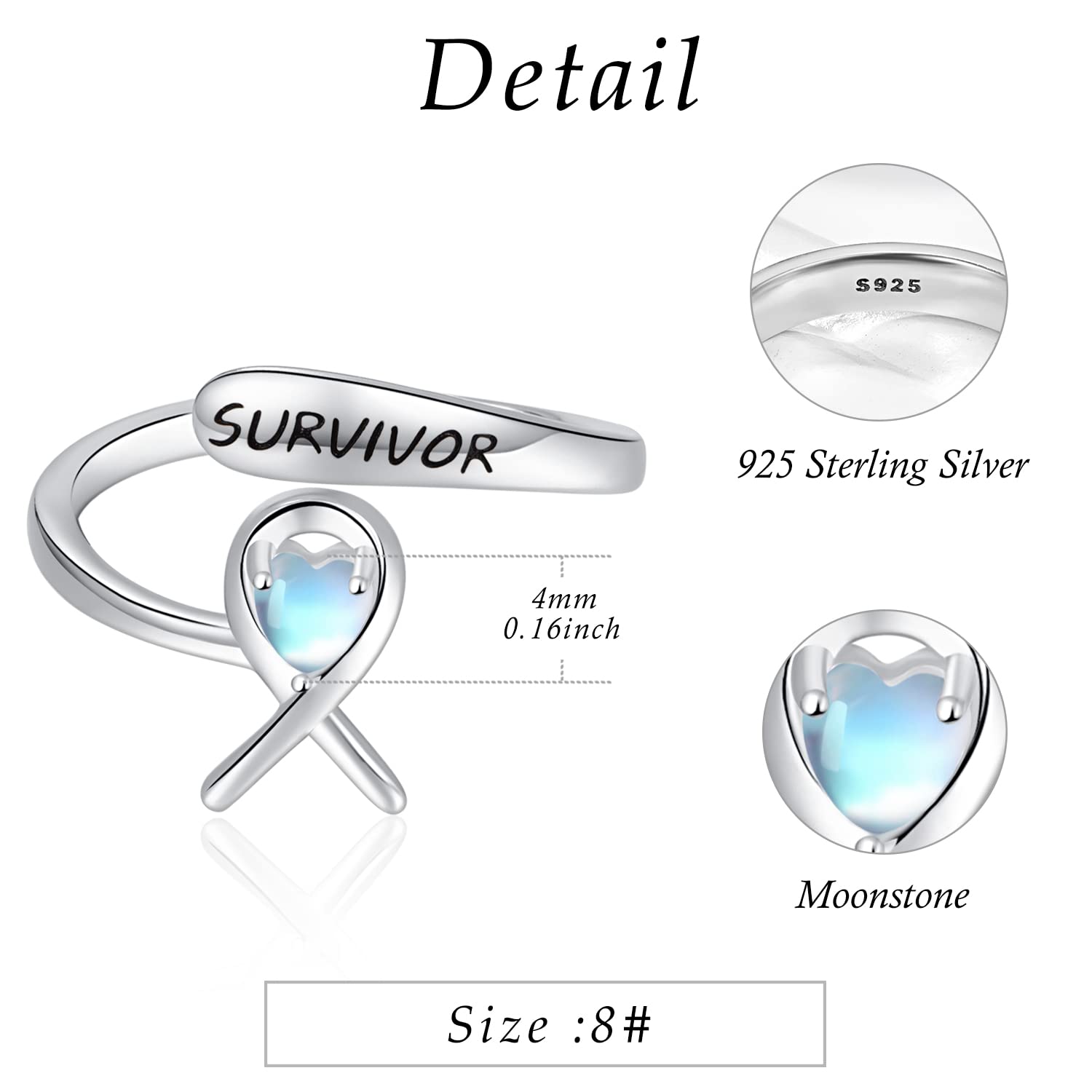 Dreamboat Breast Cancer Rings for Women Heart Ring 925 Sterling Silver Adjustable Open Rings Moonstone Ring Breast Cancer Jewelry Survivor Gifts