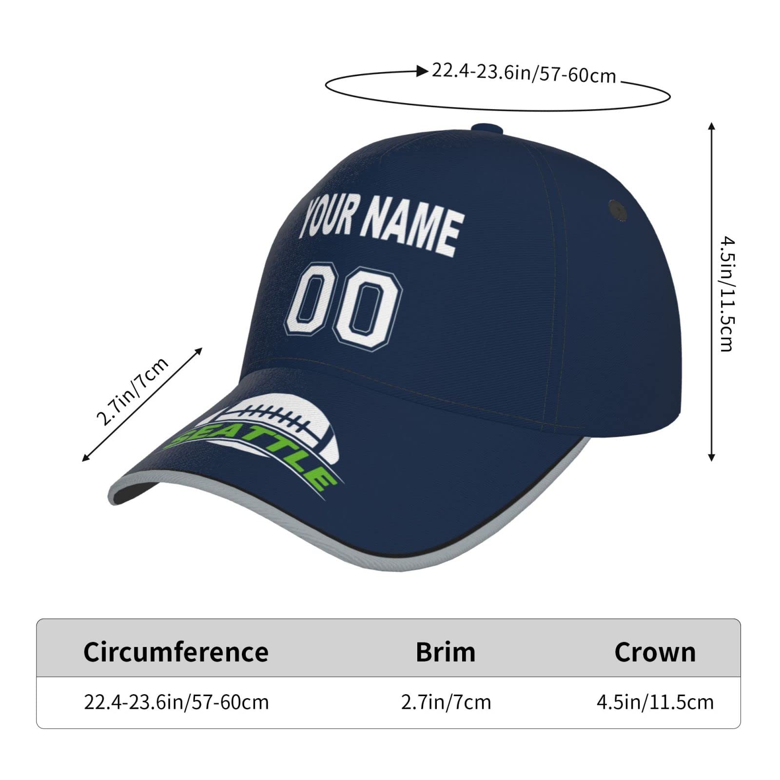 Seattle Cap Custom Any Name and Number Adjustable Football Hat Personalized Gift for Dad Men Women Youth Sports Fans