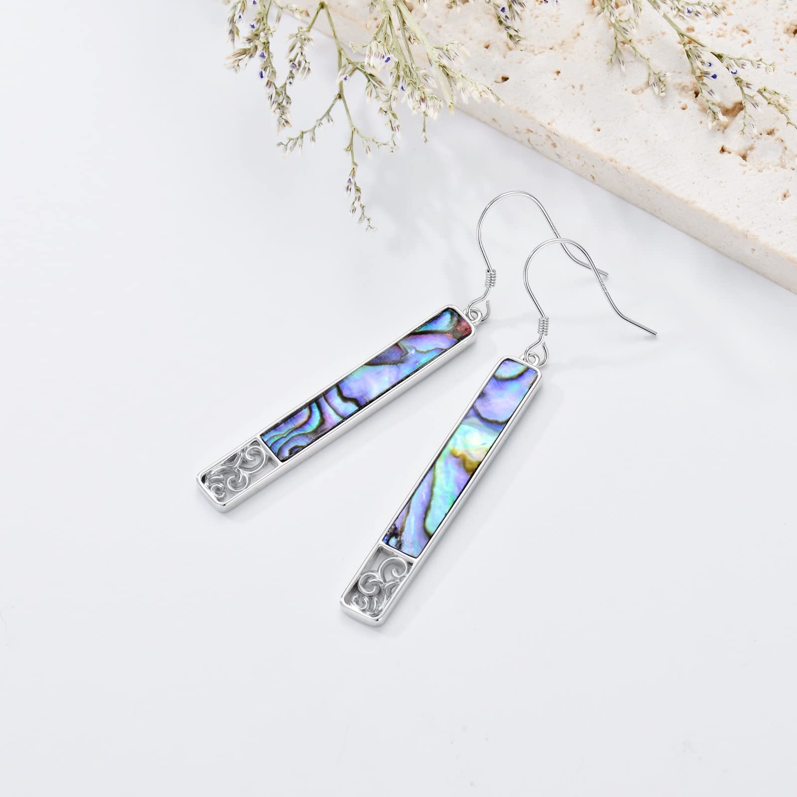 Long Inlay Vertical Bar Abalone Shell Dangle Earrings for Women 925 Sterling Silver Dangling Drop Hypoallergenic Jewelry