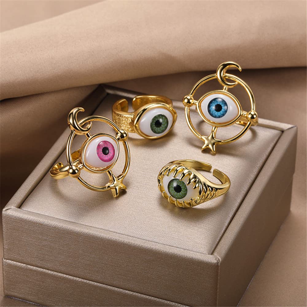 Turkish Blue Evil Eye Open Ring Adjustable 18K Gold Plating Lucky Band For Women Friendship Boho Jewelry Gifts (Style E)