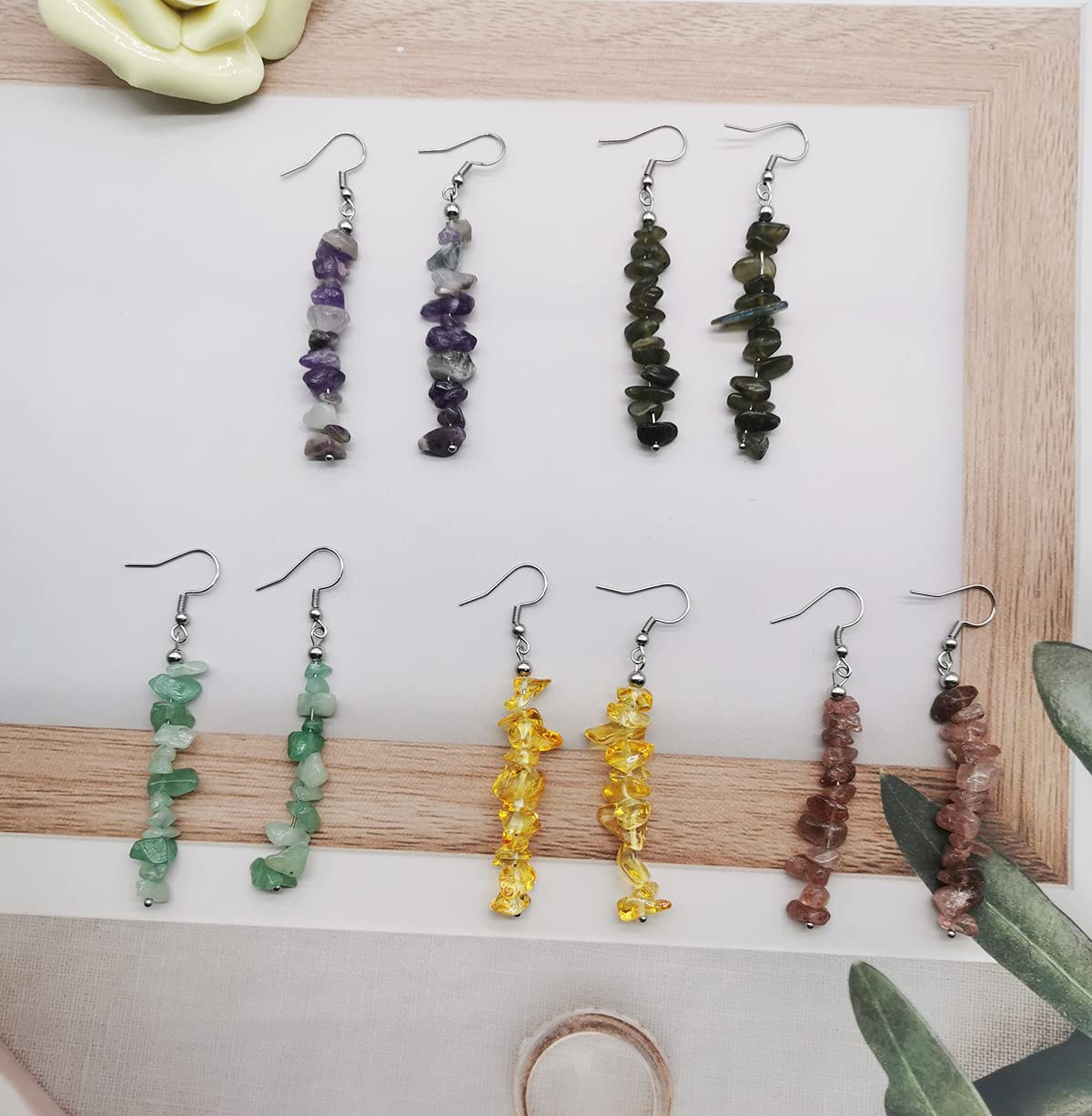 SAMOCO 10 Pairs Natural Stone Beaded Dangle Earrings for Women Colorful Crystal Drop Hook Earrings Chakra Gemstone Chip Earrings Set Meditation Yoga Jewelry