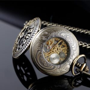 Alwesam Men's Mechanical Hand Wind Pocket Watch Roman Numerals Steampunk with Chain Box