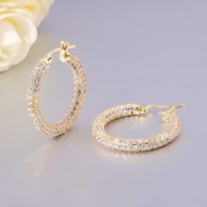 CiNily Hoop Earrings for Women, 925 Sterling Silver Earrings Hypoallergenic 14K Gold Plated Lightweight White Cubic Zirconia Chunky Open Hoops Jewelry 1.2"