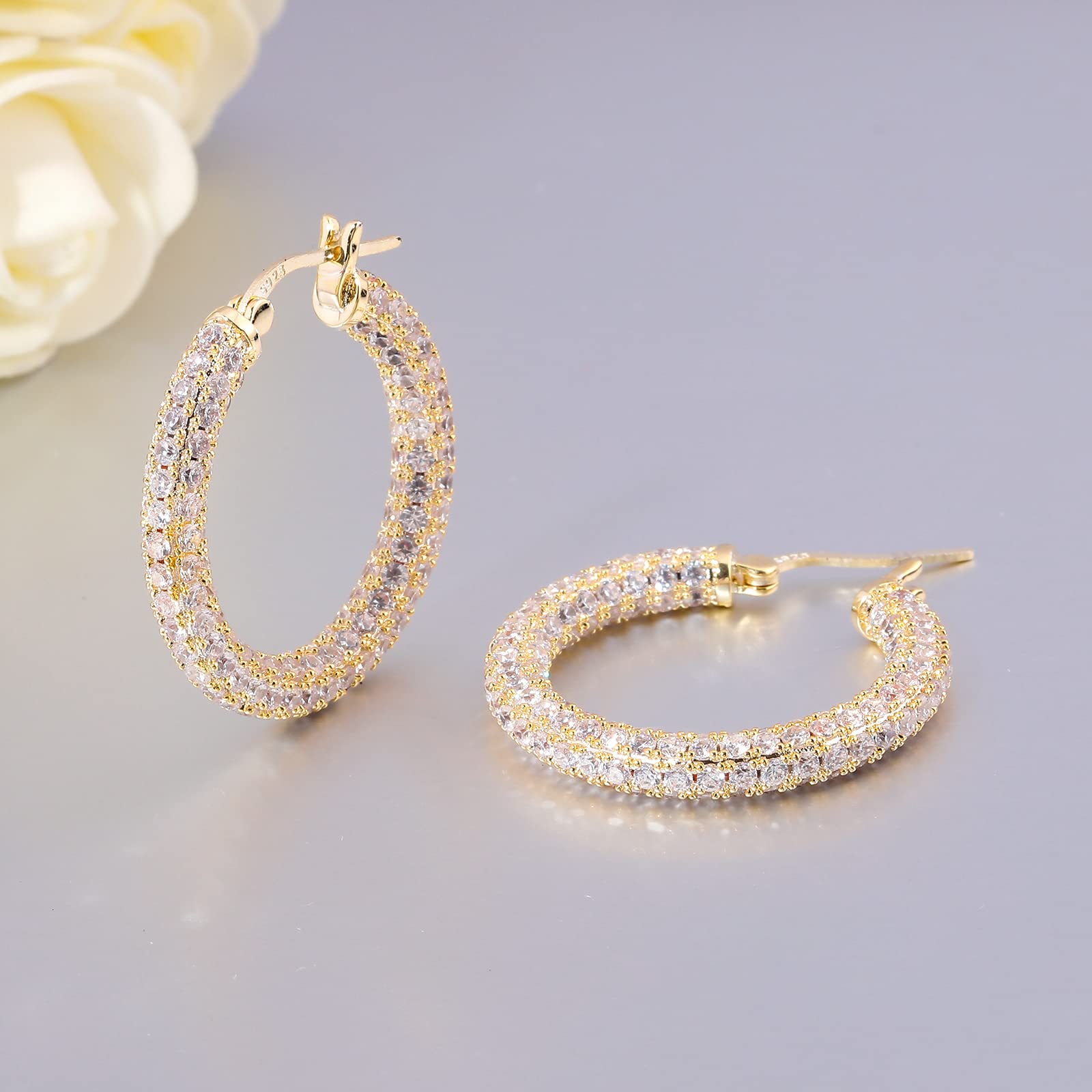 CiNily Hoop Earrings for Women, 925 Sterling Silver Earrings Hypoallergenic 14K Gold Plated Lightweight White Cubic Zirconia Chunky Open Hoops Jewelry 1.2"