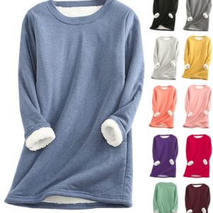 Women's Winter Warm Sherpa Fleece Lined Sweatshirt Plus Size Crewneck Thermal Underwear Pullover Loungewear Tunic Tops A- Blue