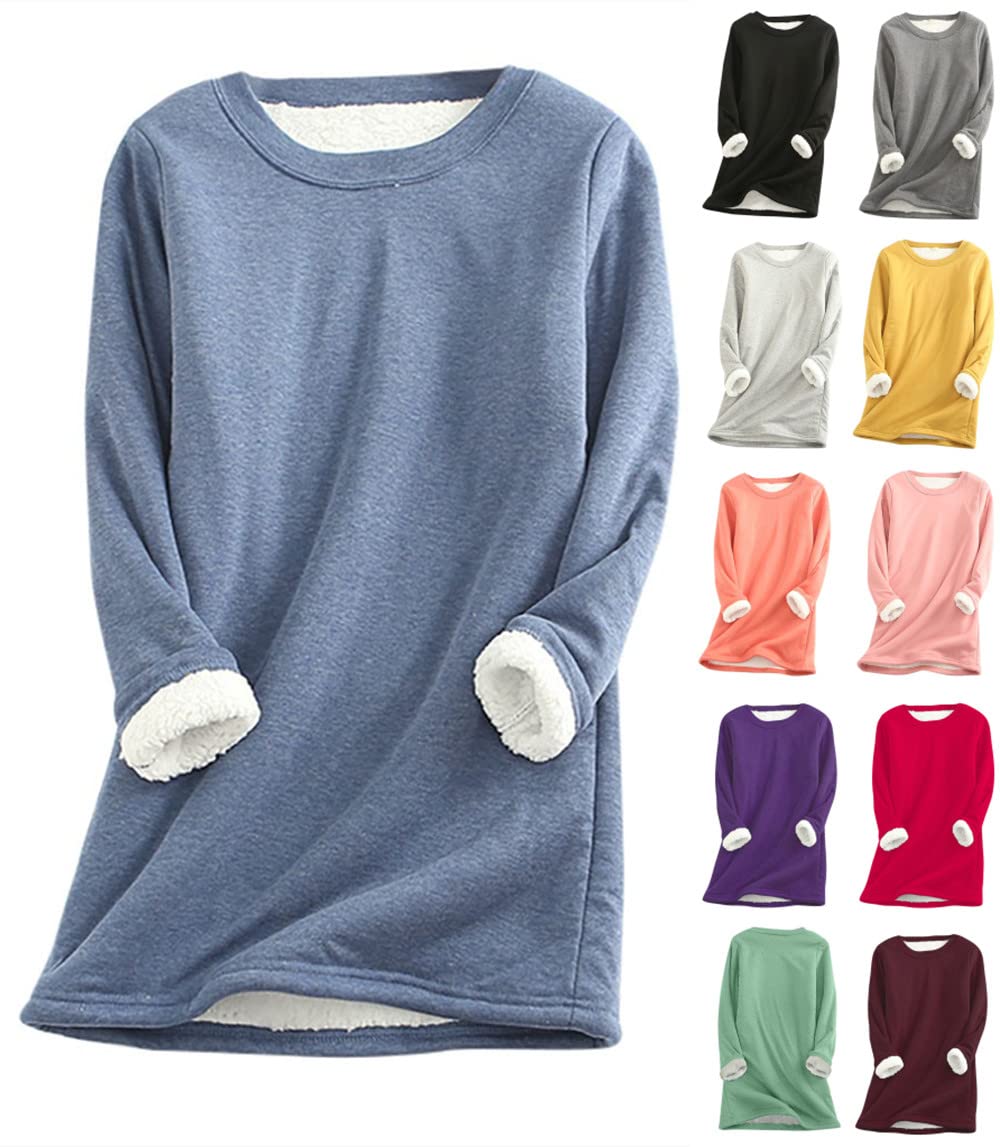 Women's Winter Warm Sherpa Fleece Lined Sweatshirt Plus Size Crewneck Thermal Underwear Pullover Loungewear Tunic Tops A- Blue