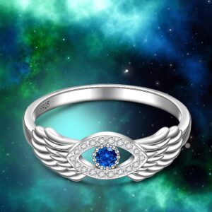 Turkish Evil Eye Ring 925 Sterling Silver Angel Wing Evil Eye Rings for Women Cubic Zirconia Mother Day Protection Jewelry Lucky Gif Size 8