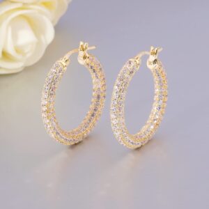 CiNily Hoop Earrings for Women, 925 Sterling Silver Earrings Hypoallergenic 14K Gold Plated Lightweight White Cubic Zirconia Chunky Open Hoops Jewelry 1.2"