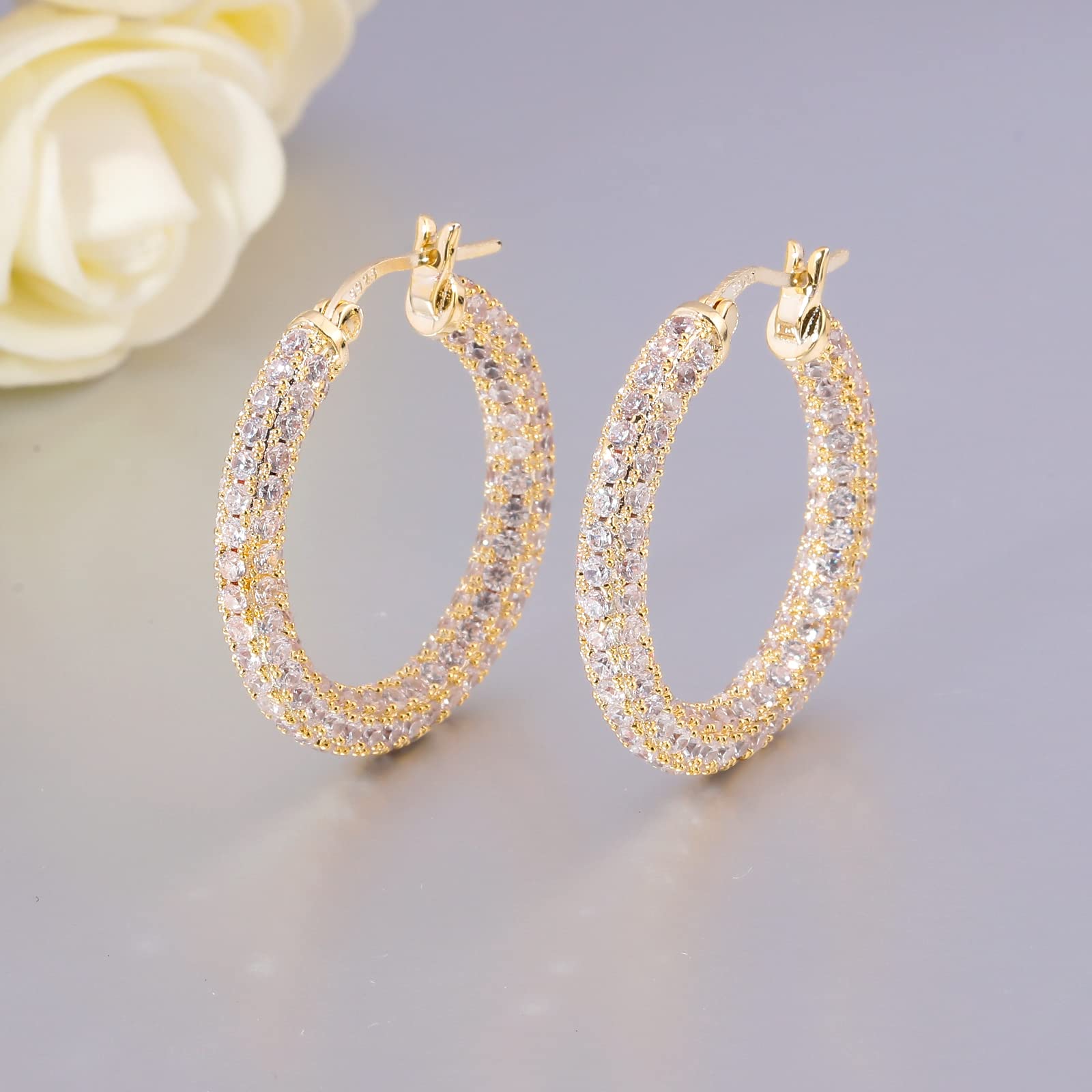 CiNily Hoop Earrings for Women, 925 Sterling Silver Earrings Hypoallergenic 14K Gold Plated Lightweight White Cubic Zirconia Chunky Open Hoops Jewelry 1.2"