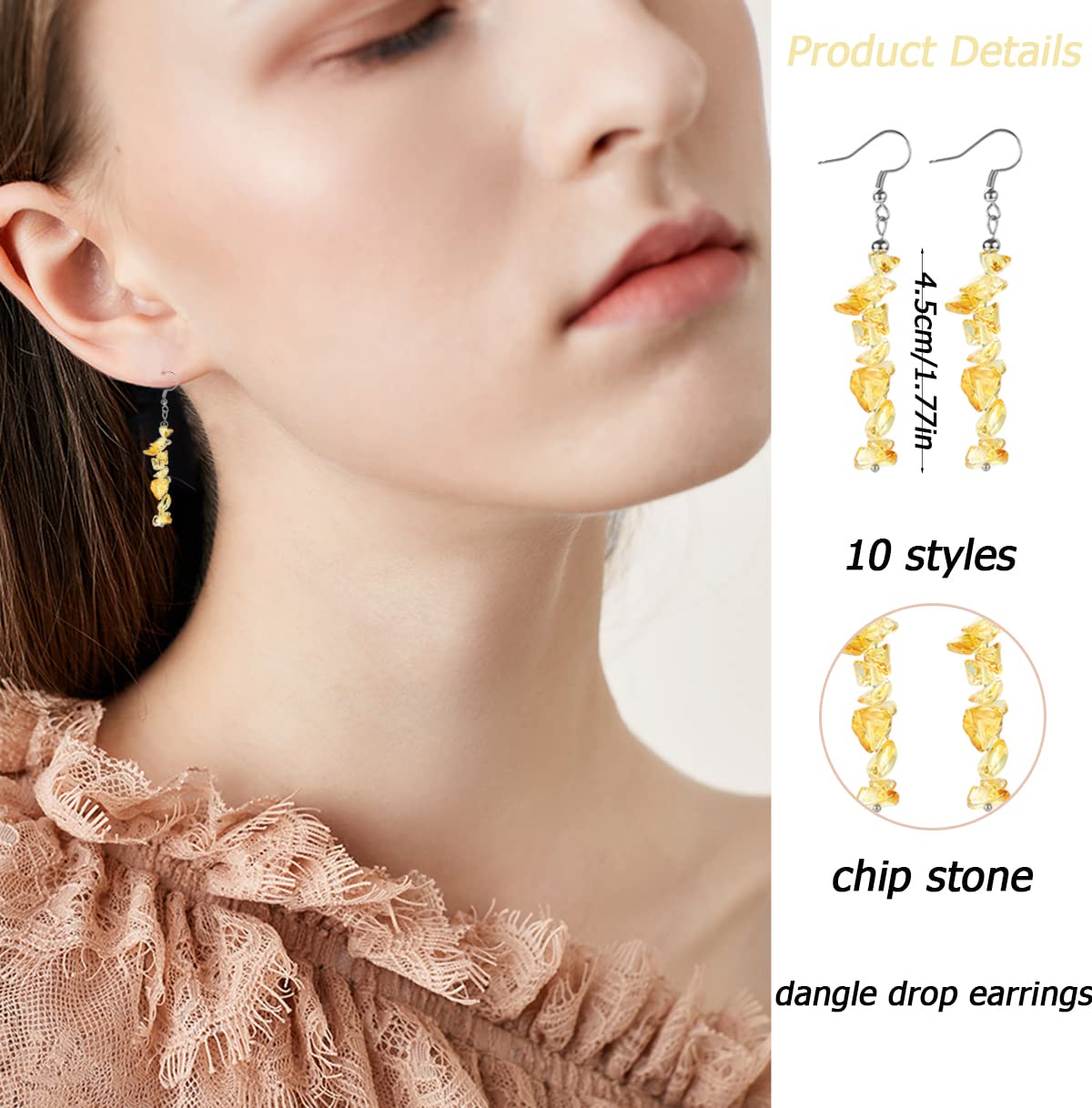 SAMOCO 10 Pairs Natural Stone Beaded Dangle Earrings for Women Colorful Crystal Drop Hook Earrings Chakra Gemstone Chip Earrings Set Meditation Yoga Jewelry