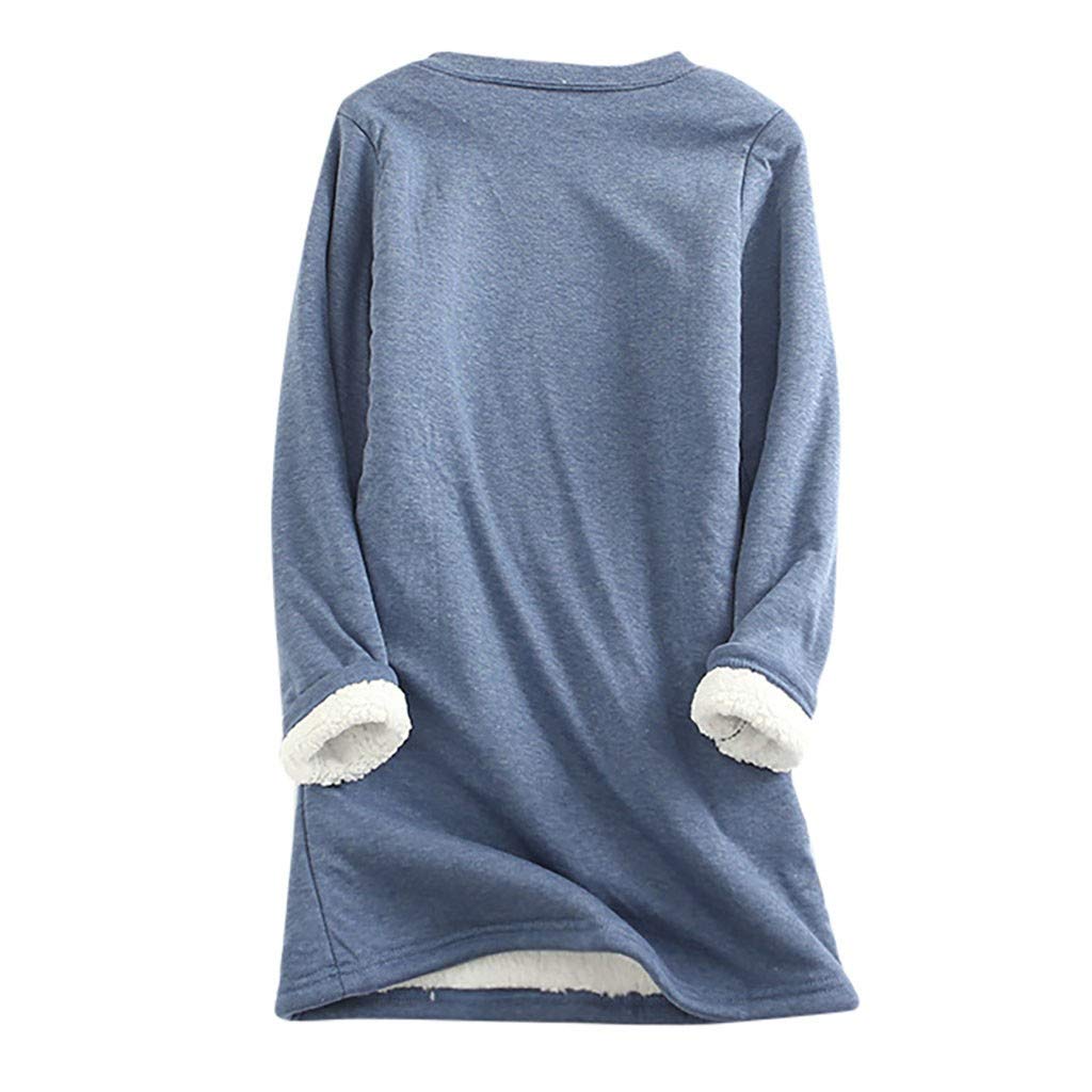 Women's Winter Warm Sherpa Fleece Lined Sweatshirt Plus Size Crewneck Thermal Underwear Pullover Loungewear Tunic Tops A- Blue