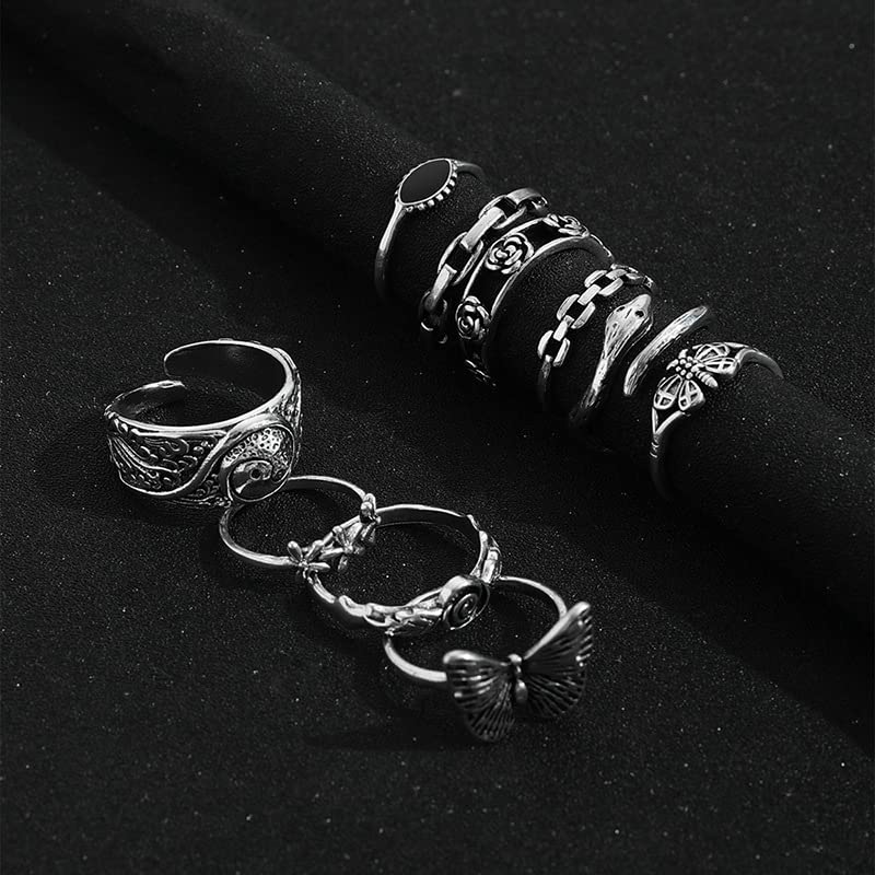 INENIMARTJ Silver Knuckle Stackable Rings Set for Women Multiple Stackable Snake Butterfly Heart Flowers Yin Yang Joint Finger Rings, Vintage Stack Midi Rings Set (A)