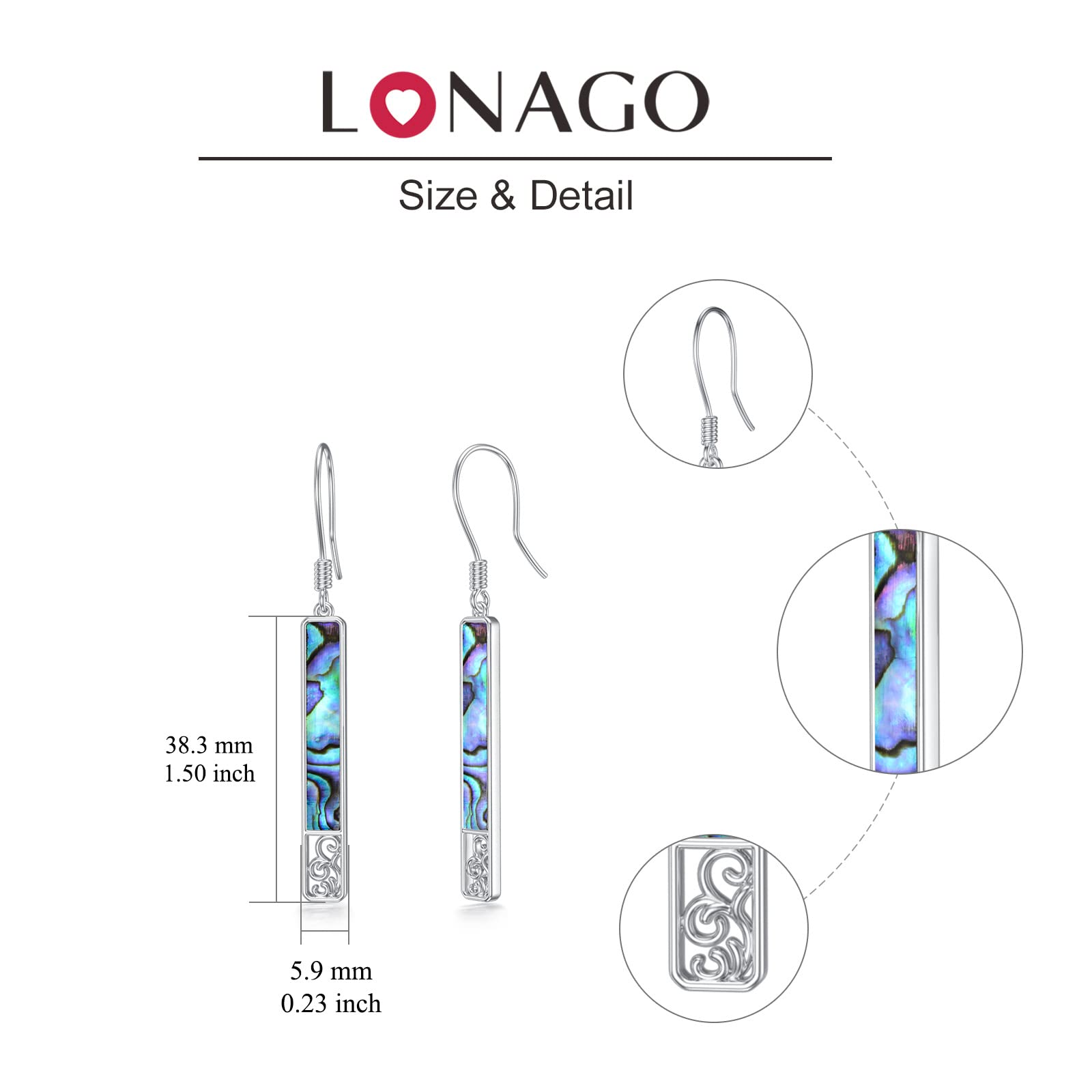 Long Inlay Vertical Bar Abalone Shell Dangle Earrings for Women 925 Sterling Silver Dangling Drop Hypoallergenic Jewelry