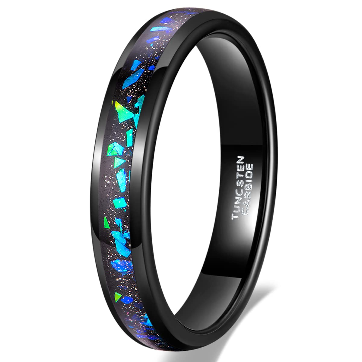 TRUMIUM 4mm Black Tungsten Rings for Men Women Wedding Bands Galaxy Opal Sandstone Inlay Beveled Edges Comfort Fit Size 11.5