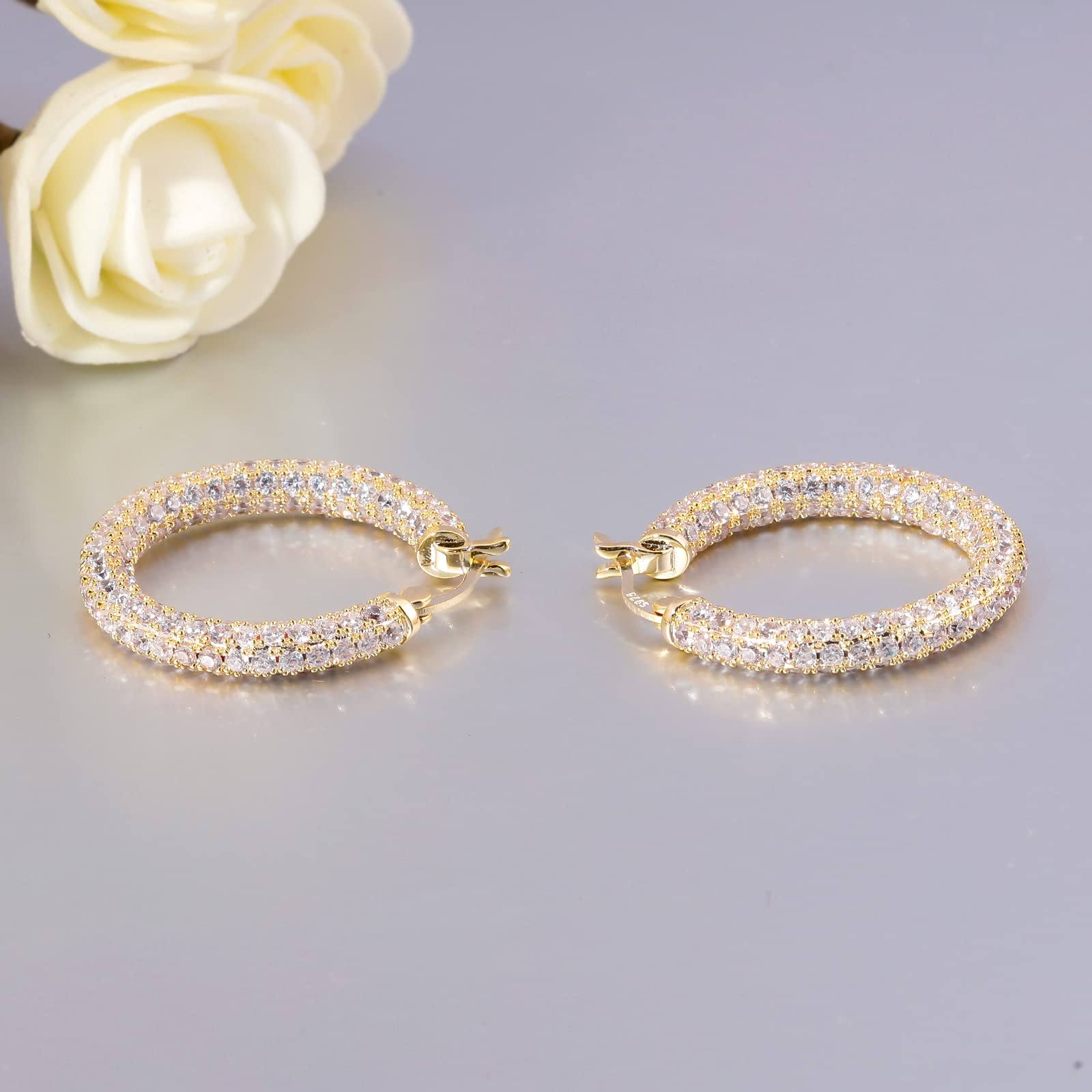 CiNily Hoop Earrings for Women, 925 Sterling Silver Earrings Hypoallergenic 14K Gold Plated Lightweight White Cubic Zirconia Chunky Open Hoops Jewelry 1.2"