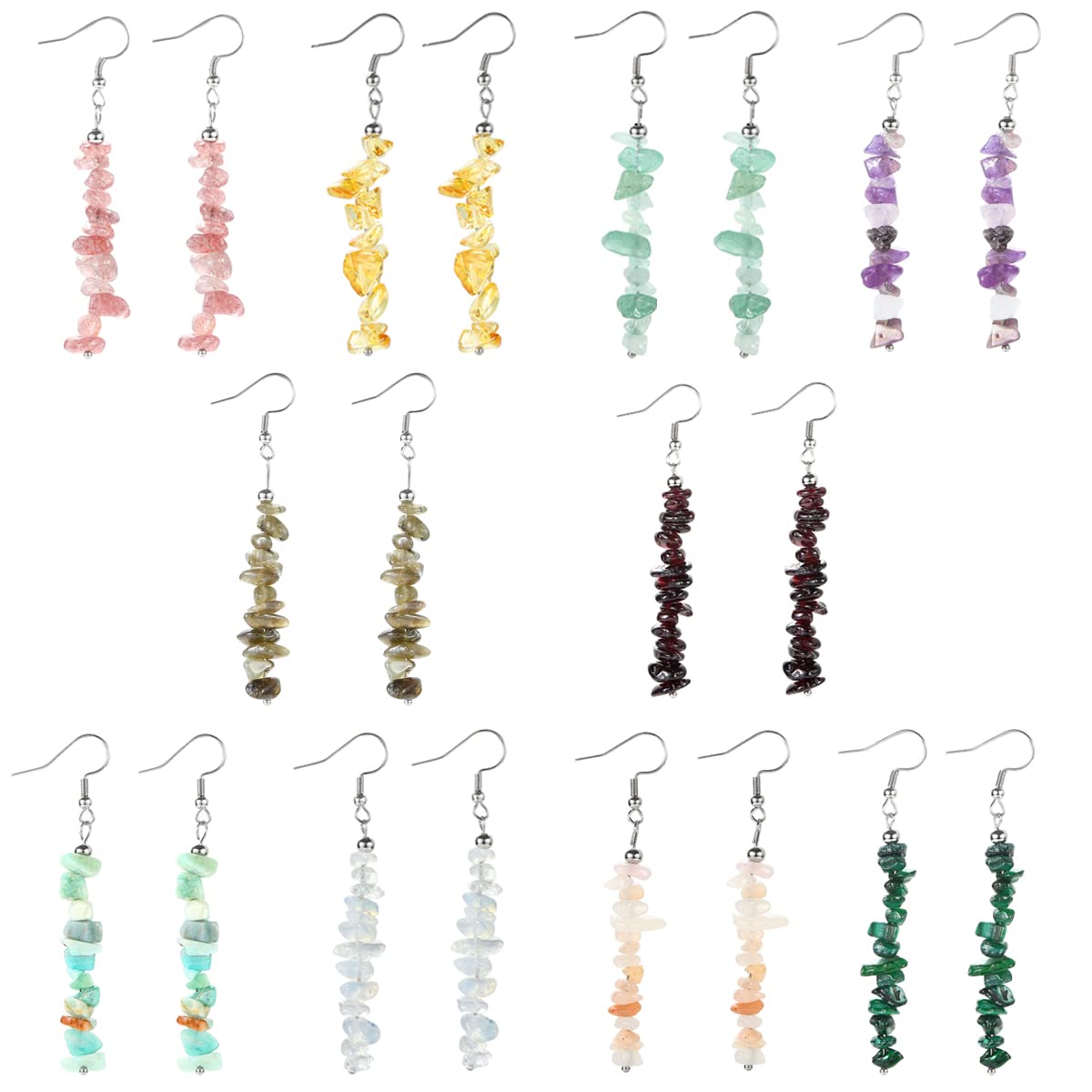 SAMOCO 10 Pairs Natural Stone Beaded Dangle Earrings for Women Colorful Crystal Drop Hook Earrings Chakra Gemstone Chip Earrings Set Meditation Yoga Jewelry