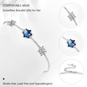 Dreamboat Snowflake Bracelet Sterling Silver Winter Snowflake Bracelets Blue Crystal Birthstone Adjustable Link Bracelet Snowflake Jewlery Holiday Gifts for Women Wrist 7-9 inches