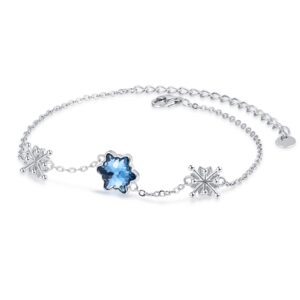 Dreamboat Snowflake Bracelet Sterling Silver Winter Snowflake Bracelets Blue Crystal Birthstone Adjustable Link Bracelet Snowflake Jewlery Holiday Gifts for Women Wrist 7-9 inches