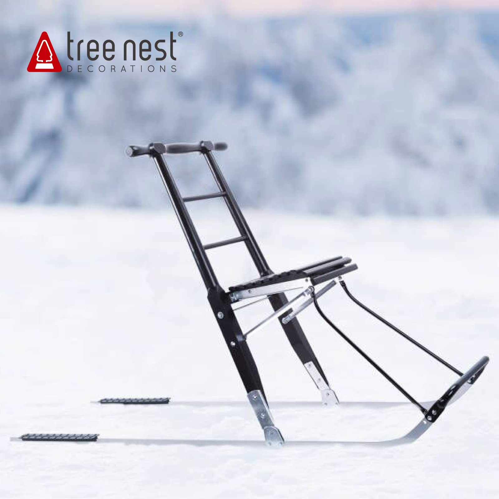 Tree Nest Foldable Snow Sled Portable Ice Fishing Kicksled Wooden Kick Steering Slider W/Solid Wood Seat & Handle Snow Sledge W/Metal Sliding Rail for Toddles, Kids, Teens