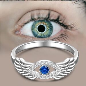 Turkish Evil Eye Ring 925 Sterling Silver Angel Wing Evil Eye Rings for Women Cubic Zirconia Mother Day Protection Jewelry Lucky Gif Size 8