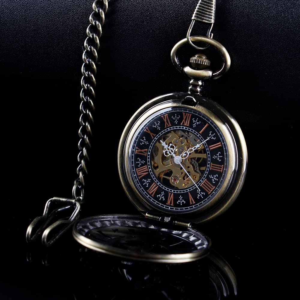 Alwesam Men's Mechanical Hand Wind Pocket Watch Roman Numerals Steampunk with Chain Box