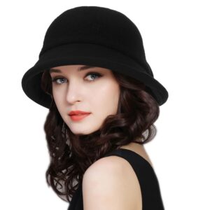 womens 1920s vintage upturn brim wool blend cloche church hat winter felt bucket bowler hat crushable foldable black