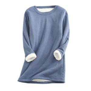 Women's Winter Warm Sherpa Fleece Lined Sweatshirt Plus Size Crewneck Thermal Underwear Pullover Loungewear Tunic Tops A- Blue