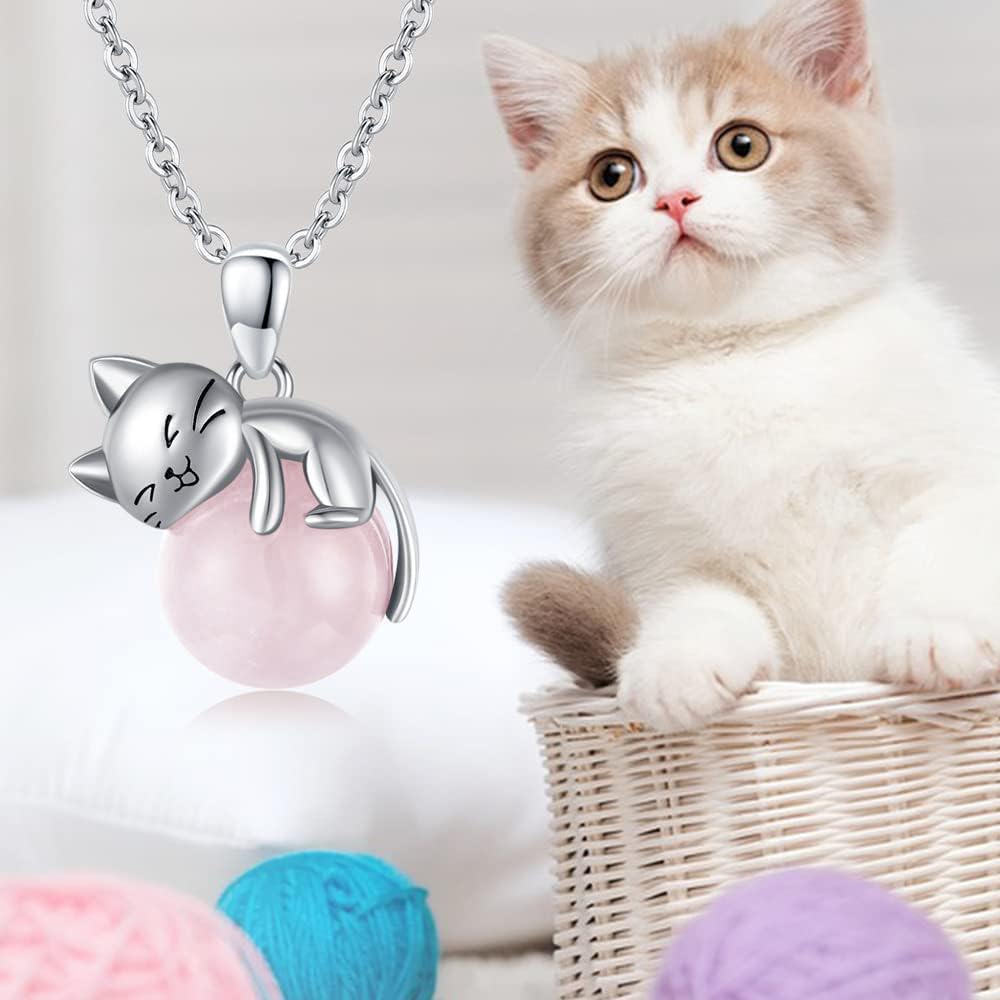 Vadmans Cat Necklace 925 Sterling Silver Rose Quartz Pendant Jewelry for Women Cat Lover Gifts