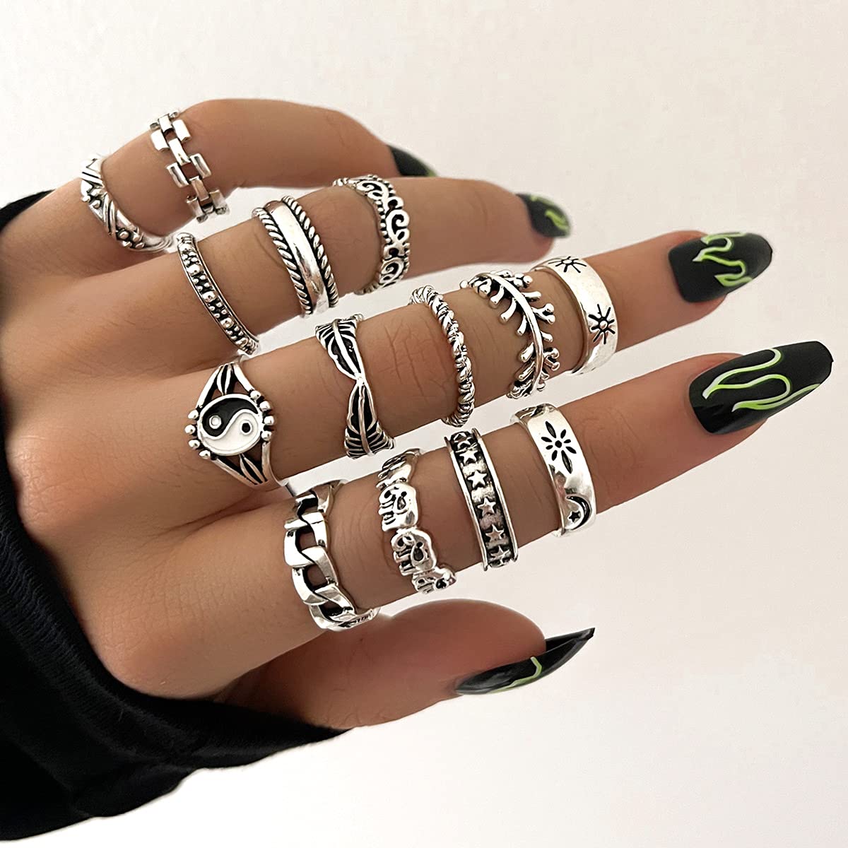 INENIMARTJ Silver Knuckle Stackable Rings Set for Women, Multiple Stackable Snake Butterfly Heart Flowers Yin Yang Joint Finger Rings, Vintage Stack Midi Rings Set (B)