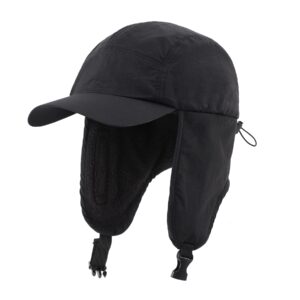 Home Prefer Waterproof Mens Winter Hats with Brim Fleece Lined Earflaps Hat Full Cover Trapper Hat Black